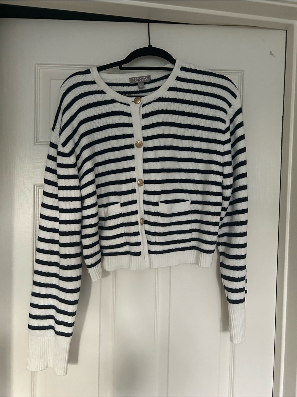 J. Crew Navy & White Striped Button Cardigan - Picture 2 of 3